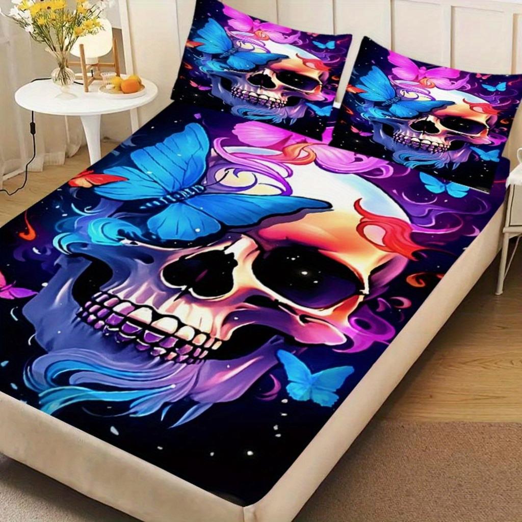 1 шт. Синяя простыня на резинке Скелет Бабочка 3D-принт 100% полиэстер Наволочка Дышащий комплект постельного белья Домашний декор без наволочек