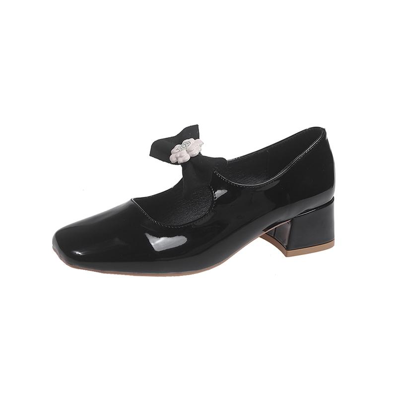 2025 Squared Heel Women High Heels Single Shoes Glitter Genuine Top Quality Fashion Round Toe All Match Cute Beautiful Pumps