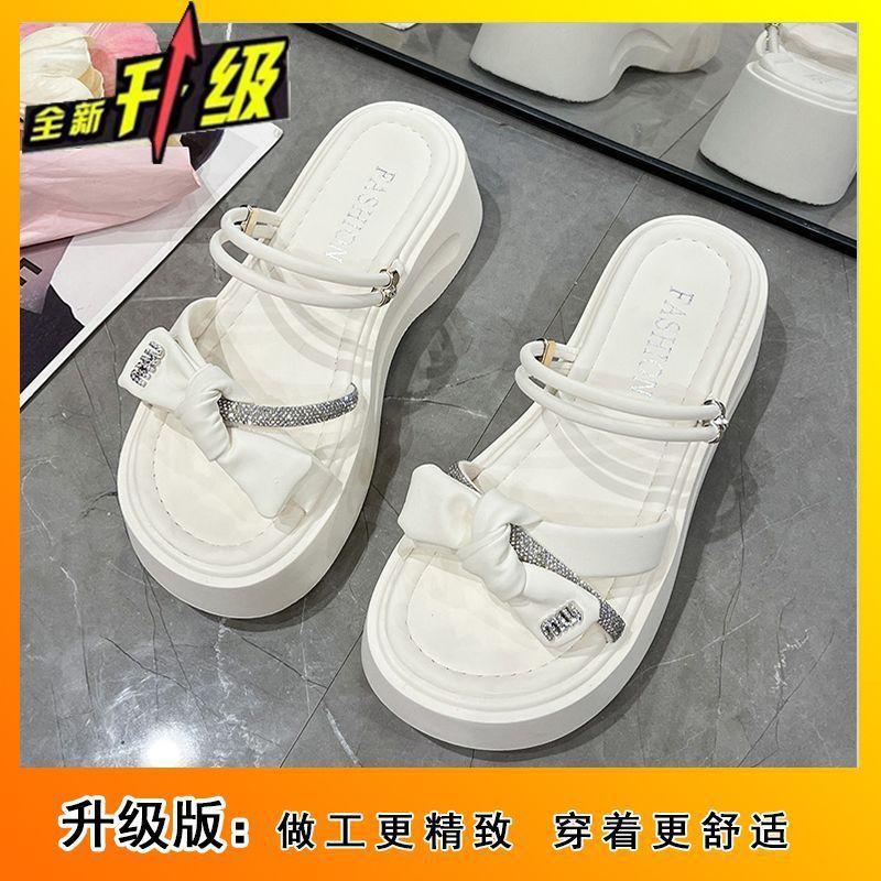 One-word cool slippers bow slippers women's summer wear 2025 new popular thick bottom two wear height-increasing skirt women