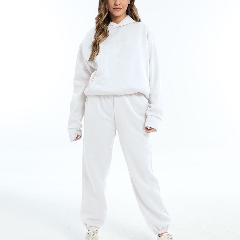 Осень-зима, толстовки, женский комплект из двух предметов, повседневный брючный костюм, свободные брюки с длинными рукавами и верхними карманами, однотонный спортивный костюм