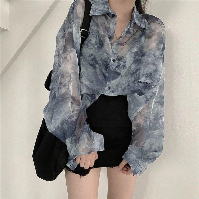 Shirts Women Fashion Tie Dye Harajuku Gothic Top Loose Casual Clothes Sun-proof Embroidery All-match Summer Holiday