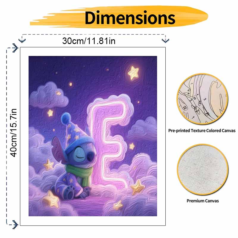 Disney Stitch Sleeping Letter E oil painting art painting kit, handmade diy art painting home wall decoration, starry cloud bedroom decor