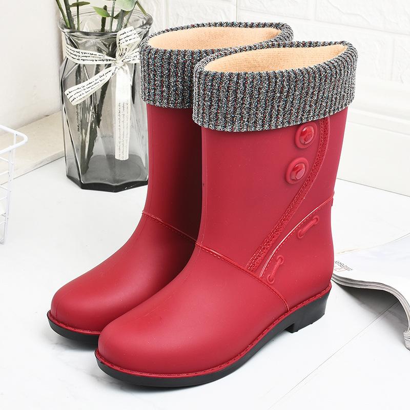 Fashion 2024Fashion Plush Rain Shoes for Women Warm High Tube Rainboots Winter Solid Color Low-heel Non-slip PVC Rubber Shoes