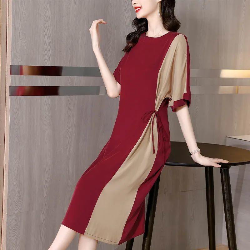 Female Clothing Contrasting Colors Dresses Stylish Asymmetrical Summer Loose A-Line Drawstring Basic Casual O-Neck Midi Dress