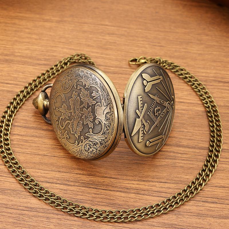 Retro Fashion Men's Bronze Pocket Watch,Classic Vintage Freemasonry Pattern Design Necklace Pendant Pocket Watch,ideal Choice for Gifts