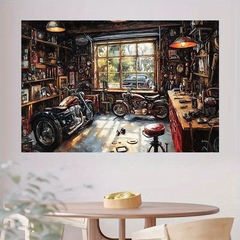 [Vintage Motorcycle Background] 1 piece of 2D vintage motorcycle workshop backdrop - Rural style polyester party banner