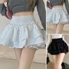 Плиссированные мини-кюлоты Плиссированная эластичная высокая талия с рюшами и многослойным подолом Сплошной цвет Короткая юбка Трапецеидальная юбка-тортик