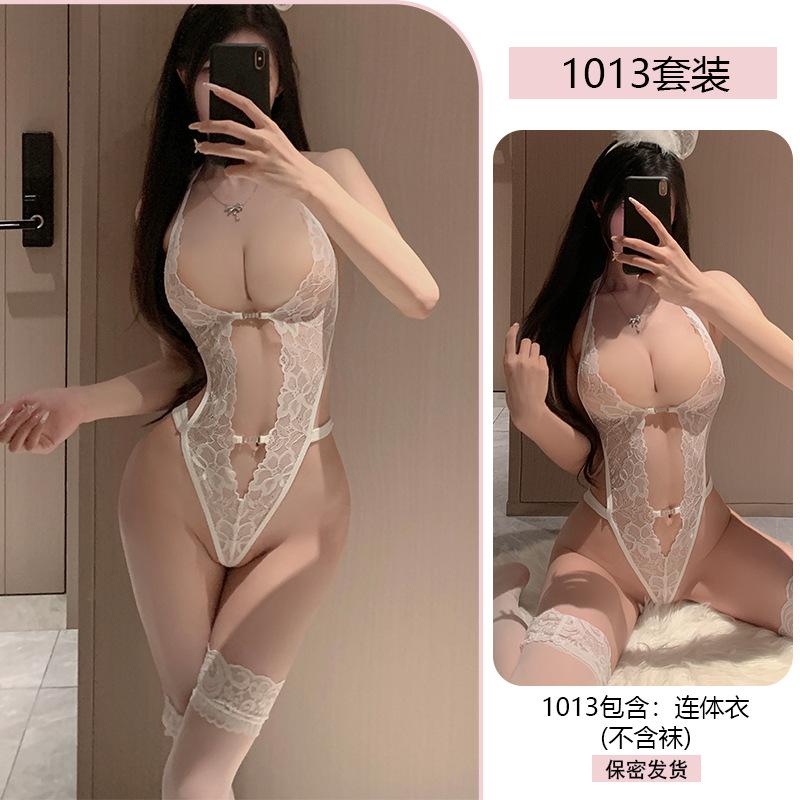 Erotic Underwear, Pure Desire Lace Seductive Jumpsuit, Feminine See-through Small chest Uniform, no-take Pajamas 1013