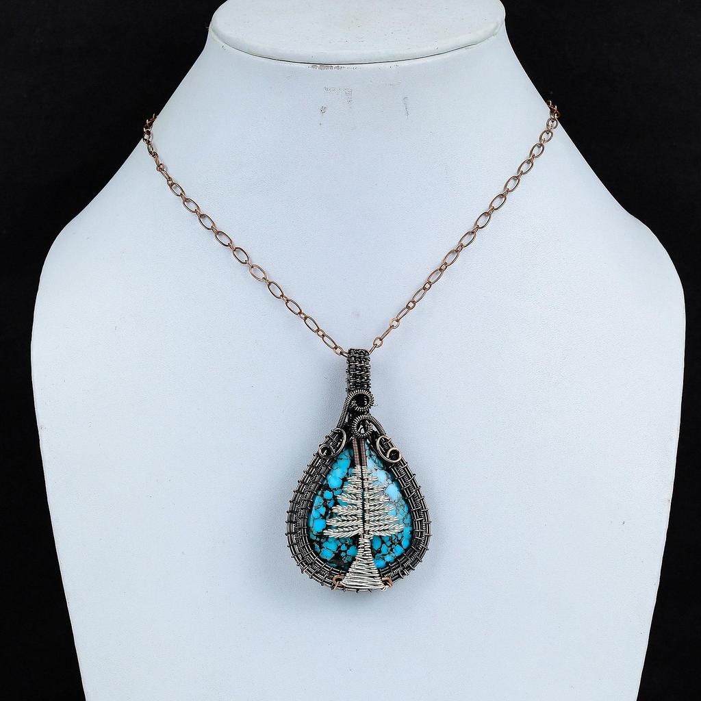 Blue Turquoise Handmade Gemstone Pendant, 999 Copper Wire Wrapped Antique Jewelry Pendant, For Engagement Gift
