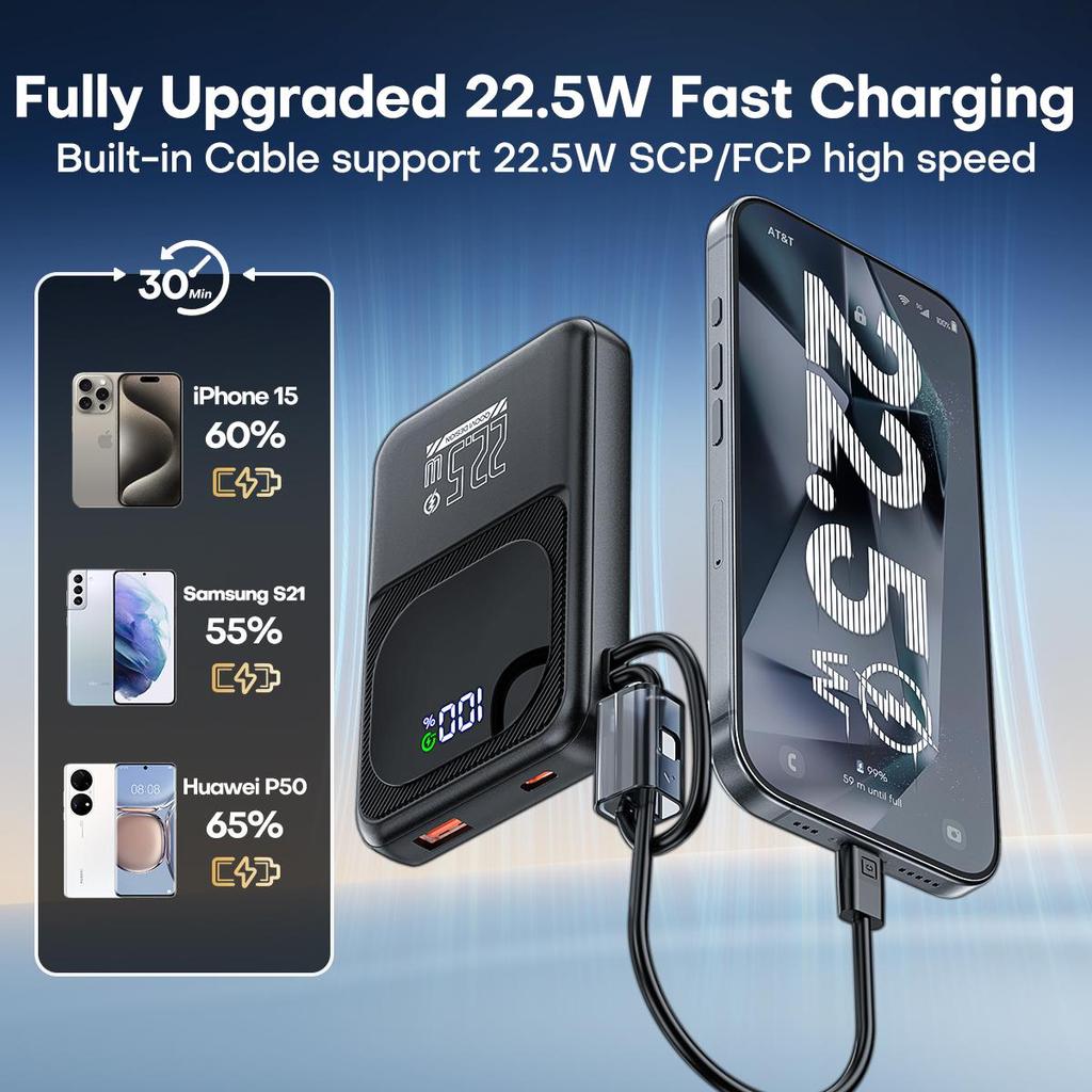 QOOVI Powerbank Ultra-Slim 10000 мАч встроенный кабель 22,5 Вт быстрая зарядка портативный внешний аккумулятор для Samsung S23 Xiaomi iPhone