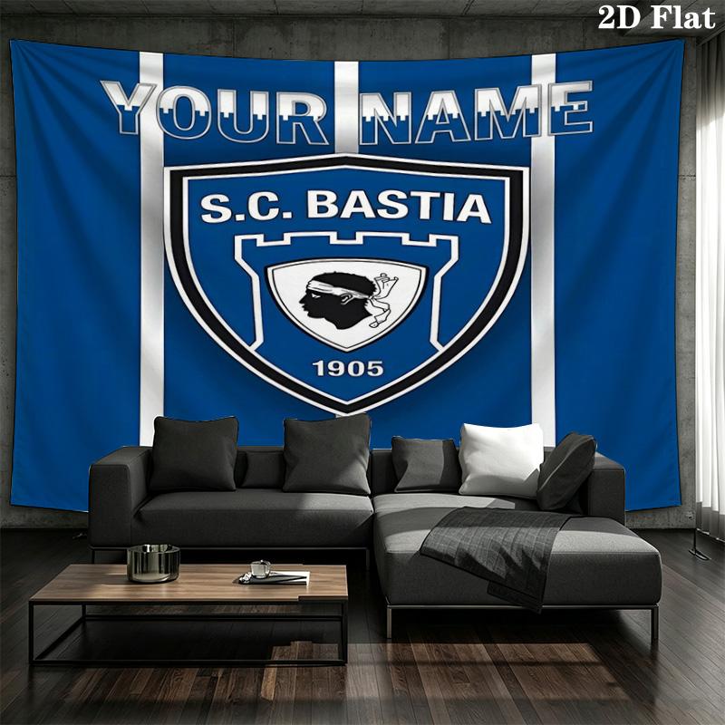 Bastia Crest Blue Custom Name Wall Tapestry Aesthetic Wall Hanging Printed Fabric Blanket Decorative Tapestries For Bedroom Living Room Home Decor