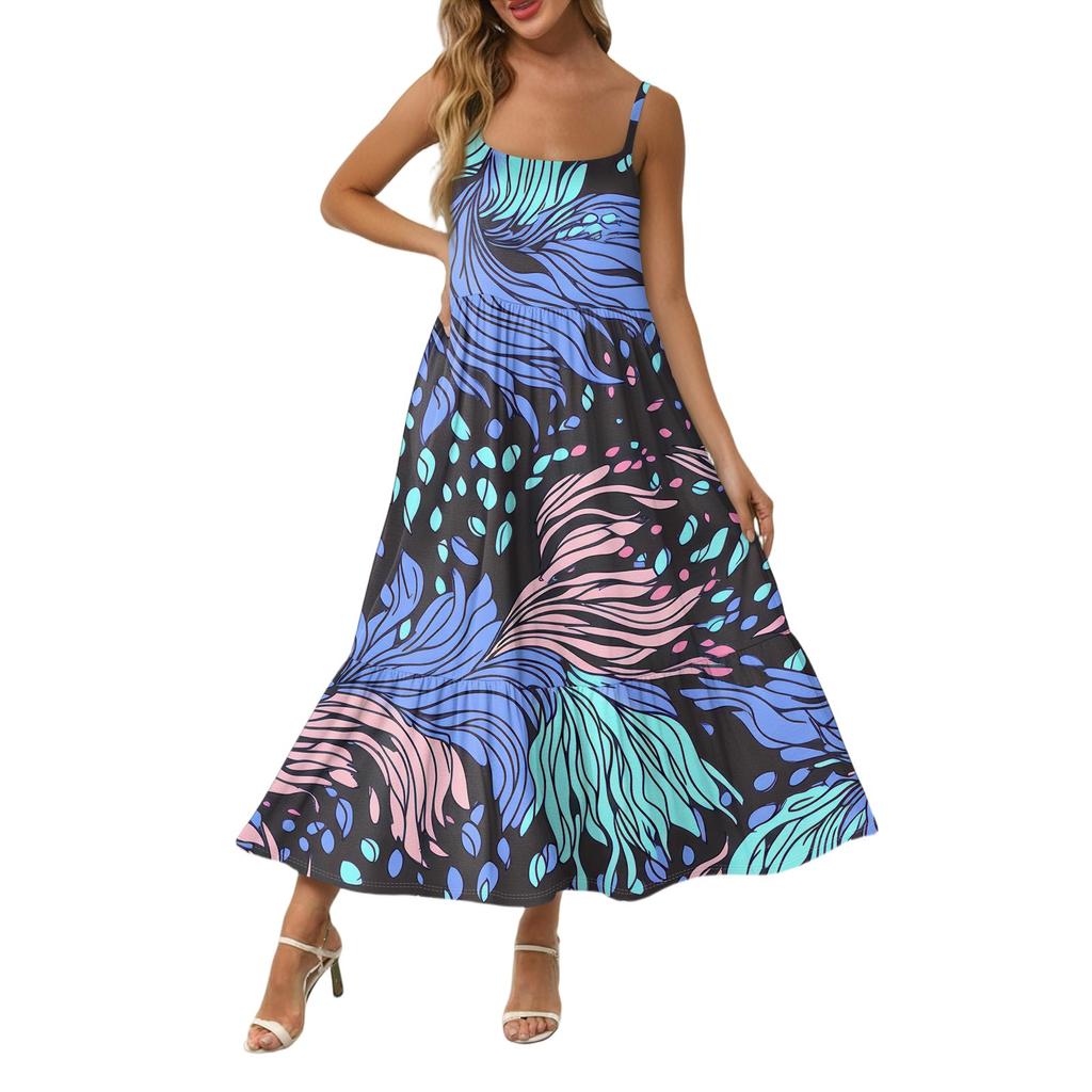 Women's Long Beach Casual Elegant Spaghetti Strap Maxi Dress Stitching Low-key Flowing Bohemian Dress
