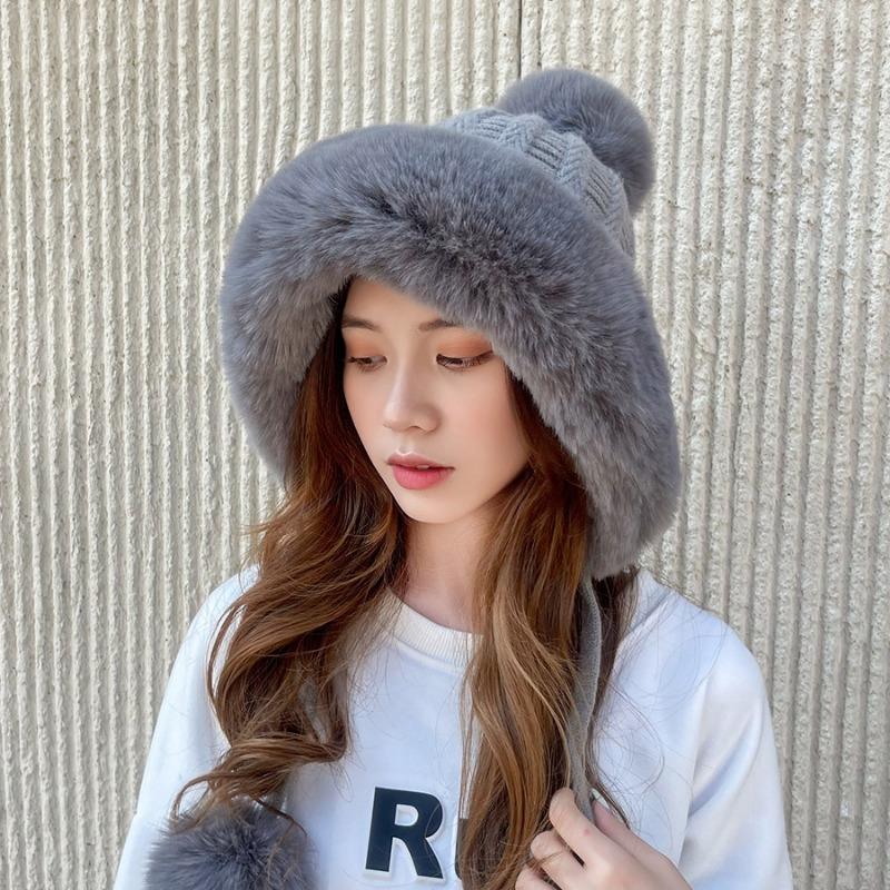 Cashmere Knitted Hat Thick Ear Protection Woolen Hat Big Wool Collar Warm Hat