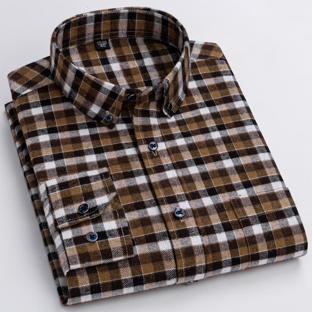 Men's Fashion Brushed Flannel Plaid Striped Shirts Single Patch Pocket Comfortable 100% Cotton Long Sleeve Standard-fit Shirt