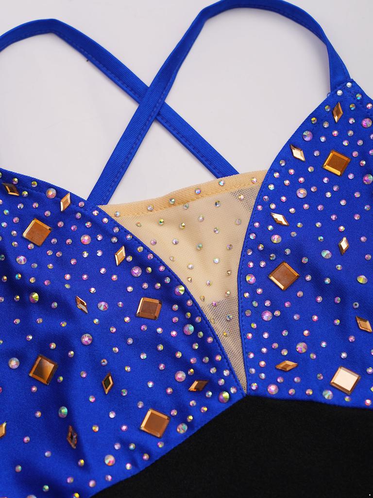 Платье для танцев для девочек с перекрещенными бретелями-спагетти на спине, цветной блок, сверкающие стразы для фигурного катания