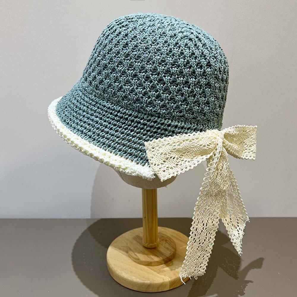 Temperament Knitted Bucket Hat Hollow Out French Style Bow Fisherman Hat Breathable Solid Color Sun Protection Cap Outdoor