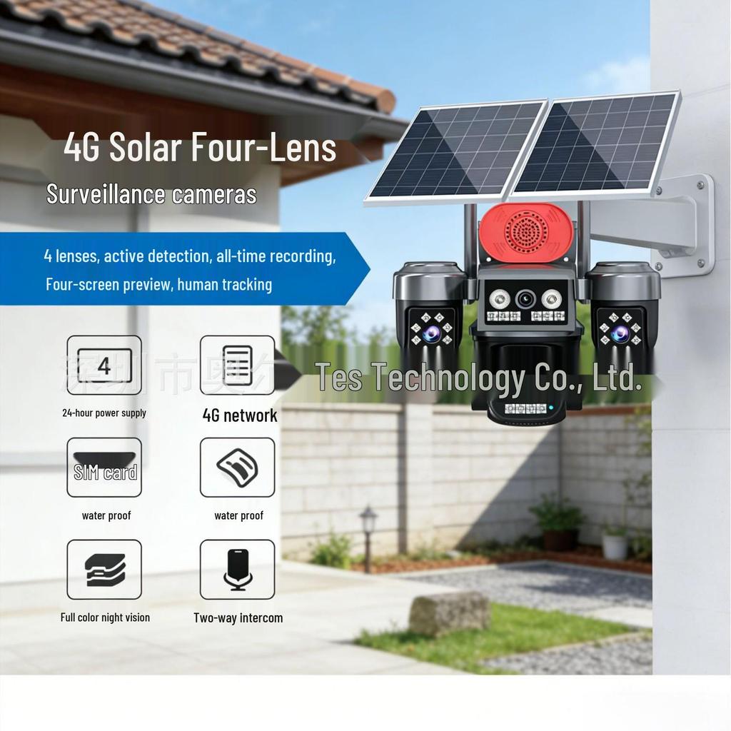 4G Solar Camera with Lifetime Free Data, Low Power, All-Day Recording, 4-Lens, No Network or Power Needed