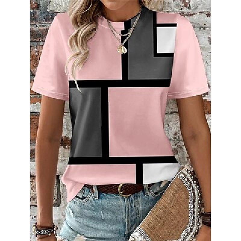 Women's T Shirt Tee Plaid Color Block Daily Going Out Pink Blue Purple Print Short Sleeve Fashion Round Neck Regular Fit Summer