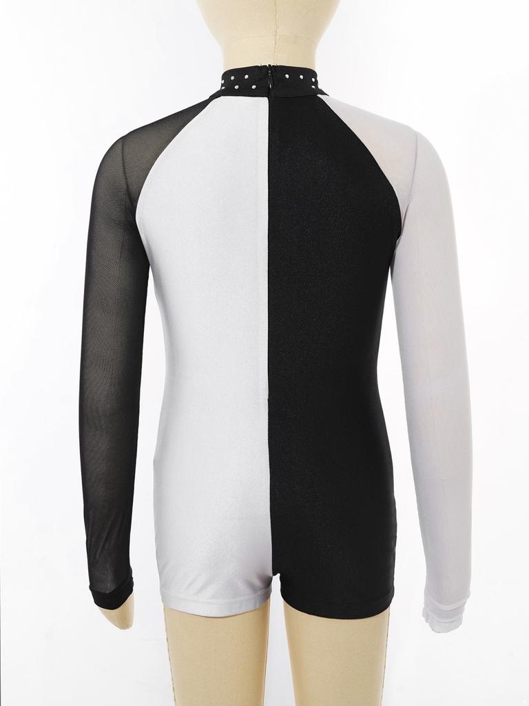 Блестящие стразы для девочек, танцевальный гимнастический купальник, велосипедный трико, сетчатый лоскутный комбинезон с длинными рукавами, боди для балерины