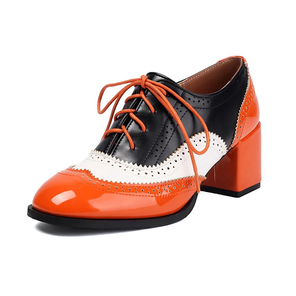 Винтажные повседневные туфли на шнуровке для женщин, модные туфли-лодочки смешанных цветов, женские туфли из искусственной кожи на высоком каблуке, одинарная обувь большого размера 34-46