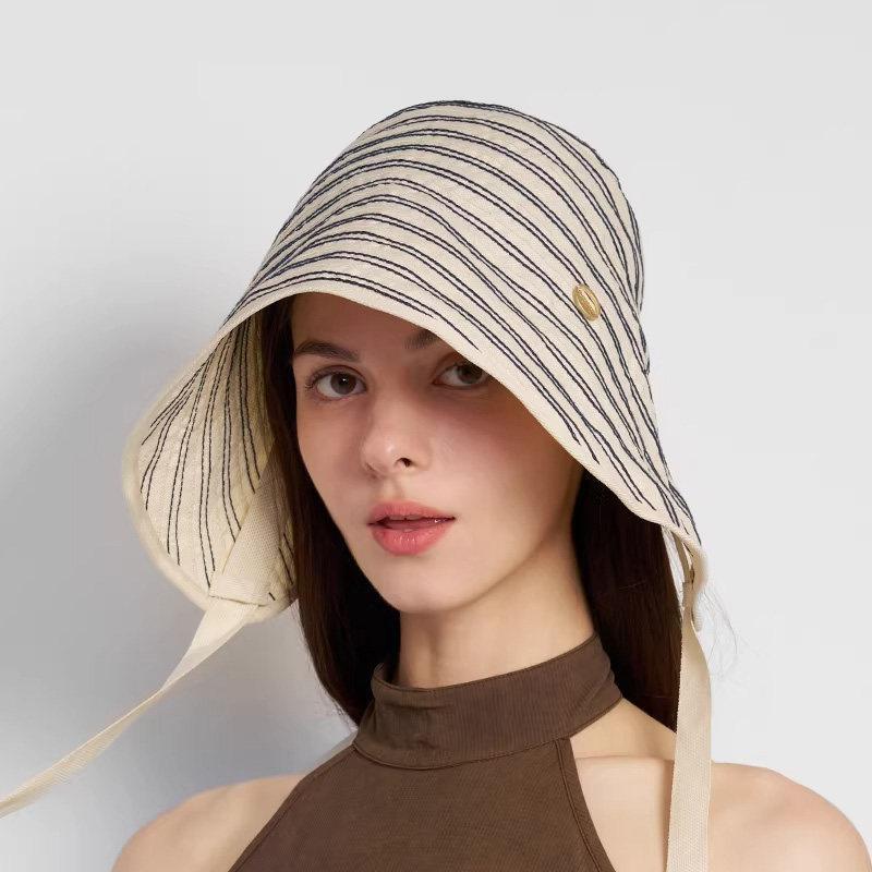 Breathable Striped Linen Sun Bonnet With Adjustable Chin Tie Uv Protection For Beach Vacation Outdoor Use