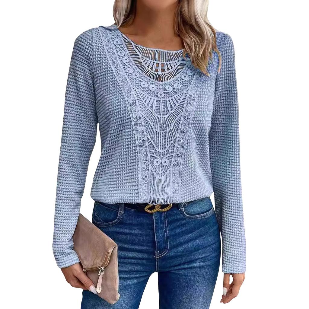  Футболка с длинными рукавами Solid Solor Lace Patchwork с кружевным круглым вырезом для женщин