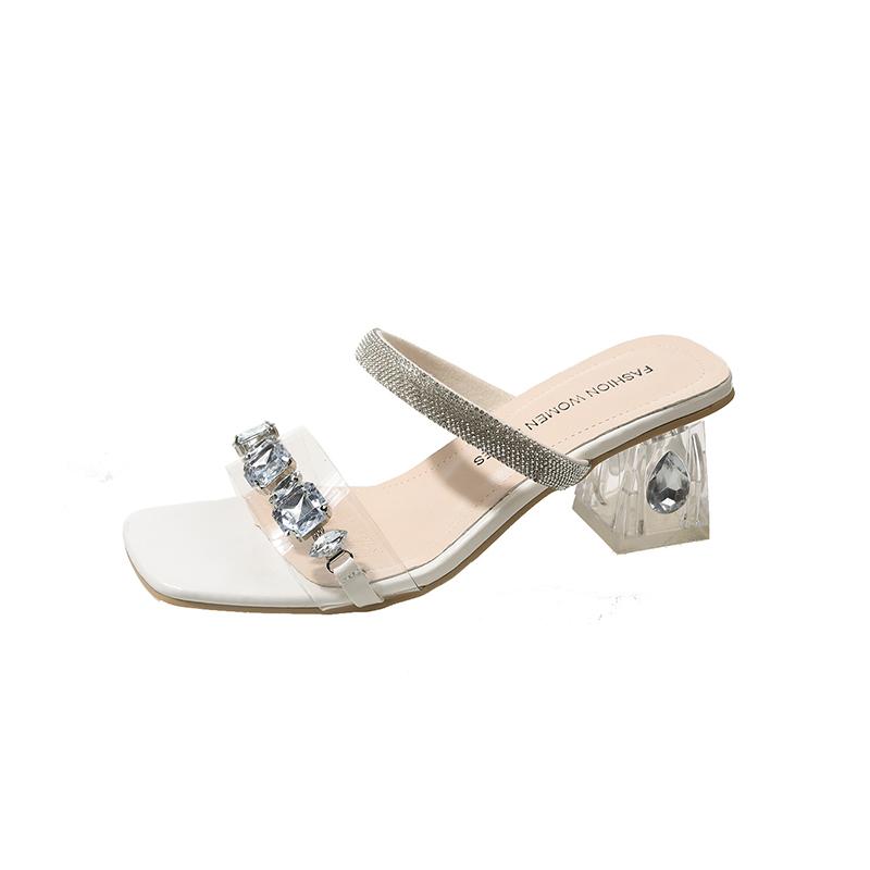 Модные прозрачные босоножки на каблуке Летние новые с квадратным носком и открытым носком, с хрустальной линией, противоскользящие износостойкие шлепанцы на высоком каблуке