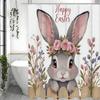 Easter Egg Shower Curtain, Cute Bunny Fence Floral Spring Bathroom Decorative Shower Curtain, Waterproof Shower Curtain with Hoo
