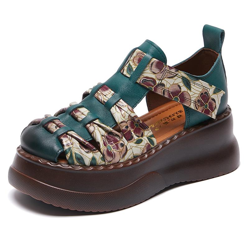 Retro Sandals 2024 Summer New Hook & Loop Round Toe Genuine Leather Comfortable Thick Bottom 6cm Women's Platform Shoes