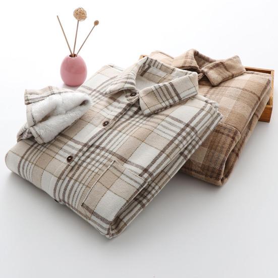 Lapel Long Sleeves Patch Pocket Single Breasted Woolen Coat Thickened Fluffy Lining Plaid Print Shirt Jacket Outerwear