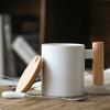 310ml Simple Style Ceramic Water Cup with Wooden Handle Coffee Mug with Lid Stainless Steel Spoon Tea Cup Modern Couple Cups