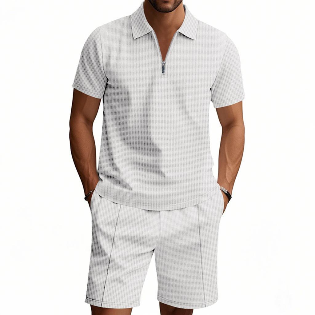 Men'S Solid Color Casual Collar Short Sleeved Shorts Two-Piece Set