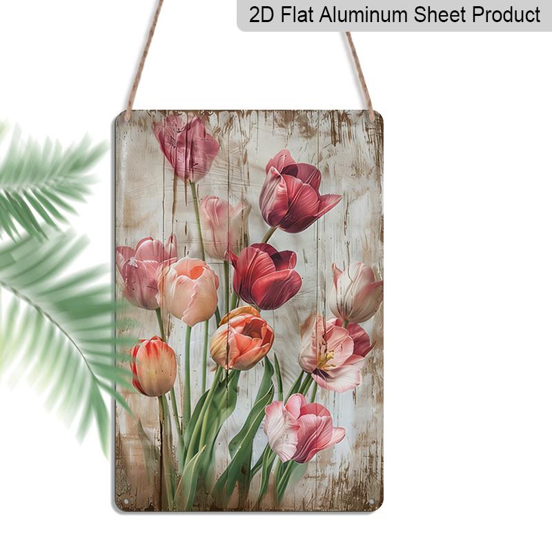2D Flat 1pc Vintage Tulips Aluminium Metal Wall Art Sign - 8x12 Inch Shabby Chic Rustic Dutch-Inspired Tulip Field Decor, Pink & White Tulip for