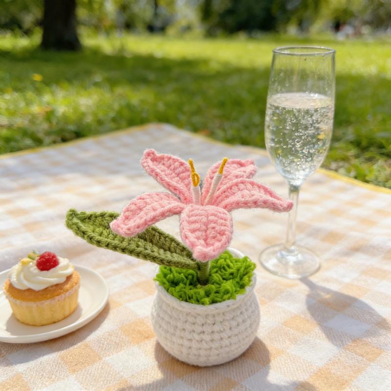 Handmade Crochet Lily Potted Plant, Knitted Pink Lily Flower in Mini Pot, Desk Decor, Unique Gift for Mom, Home Office Ornament
