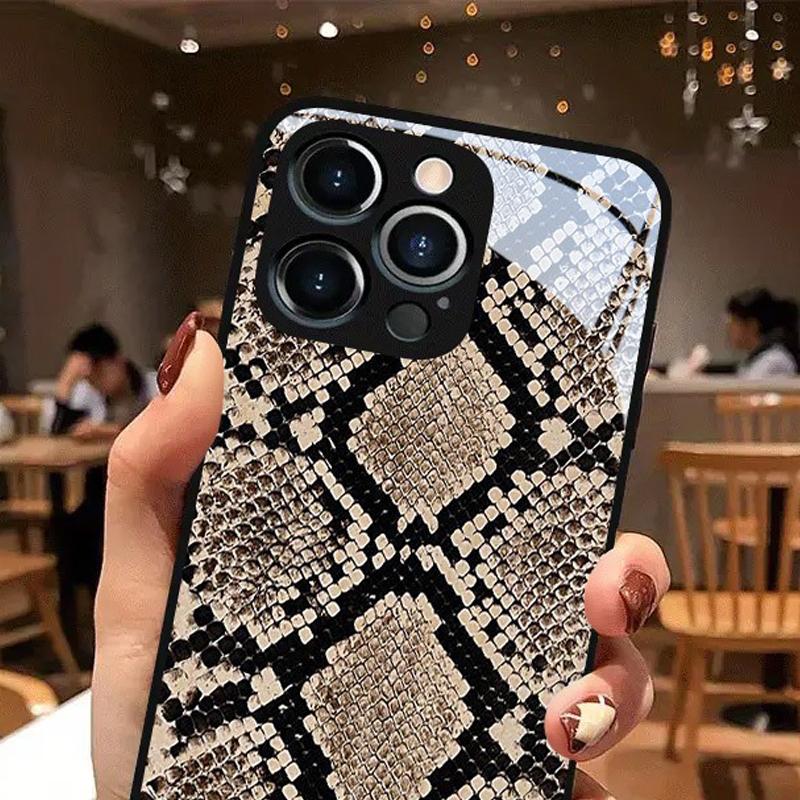 Закаленное стекло с текстурой змеиной кожи Черный чехол для телефона для iPhone 11 12 13 14 15 16 17 Pro Max 17 Air 7 8 Plus XS X XR