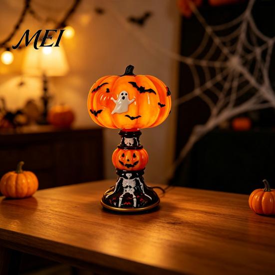 Retro Bedside Lamp Halloween Vintage Table Lamp, Resin Pumpkin Skeleton Black Cat Non Dazzling Bedroom Night Light, Gothic for Living Room Light