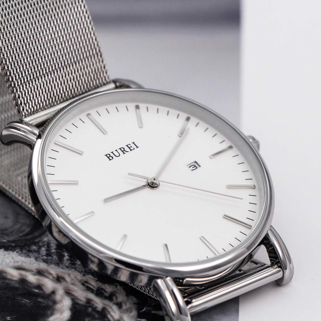 BUREI Men's Stylish Waterproof Analog Wristwatch Silver Milanese Mesh Band Business Date