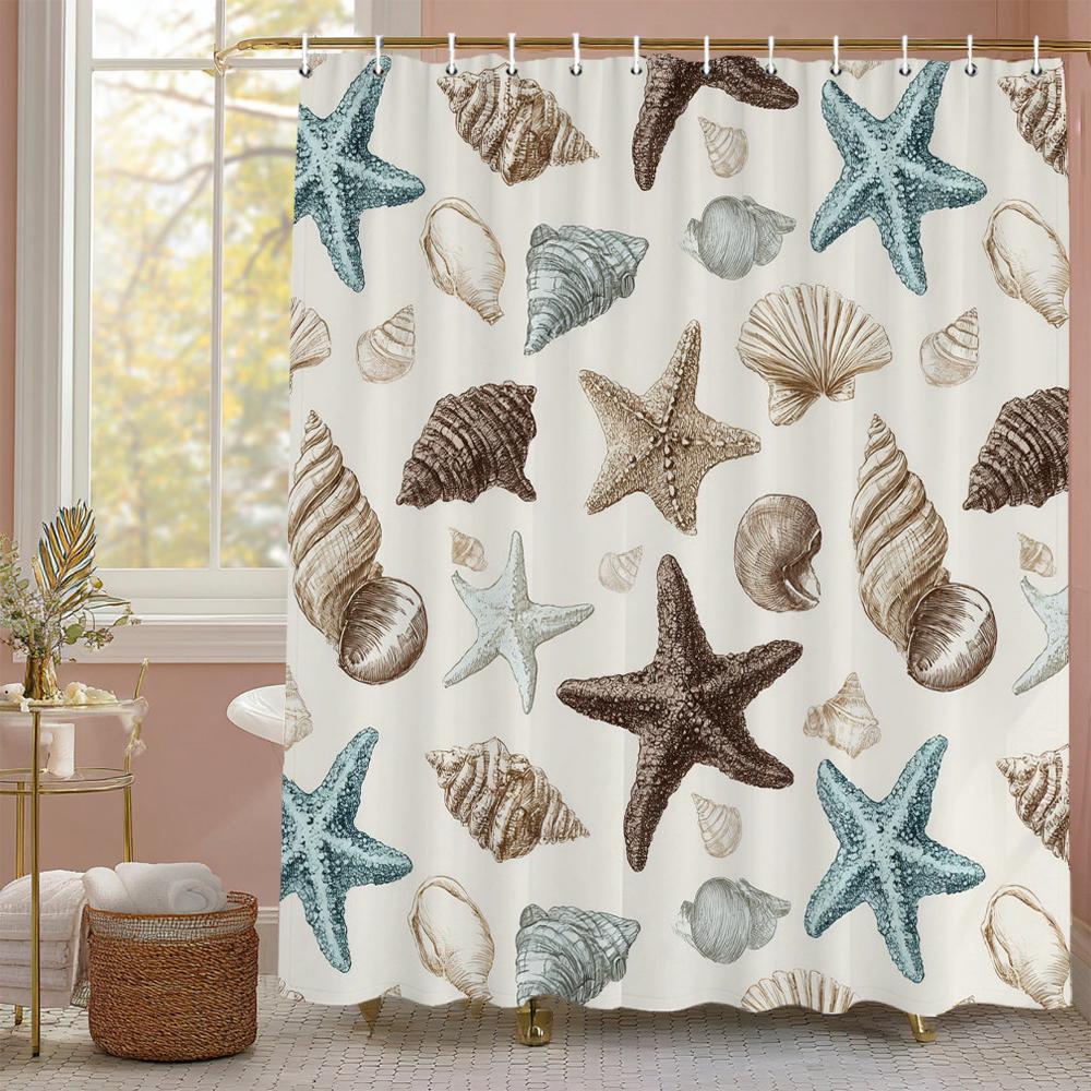 1PC Watercolor starfish pattern printed shower curtain, waterproof, with hooks, bathroom showers, bathtub, fashionable home user