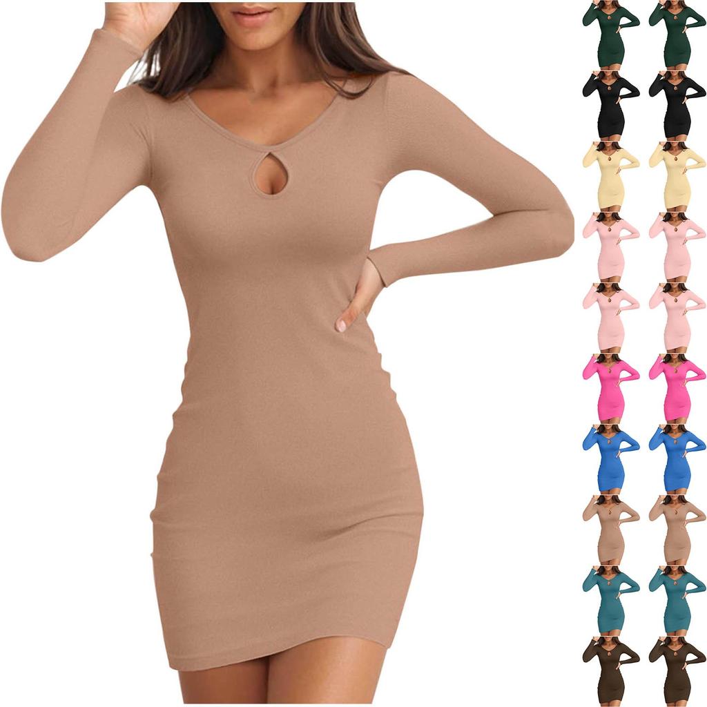 Женское модное однотонное платье с круглым вырезом и длинными рукавами