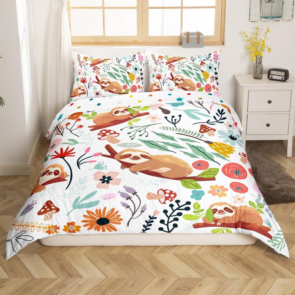 Cute Sloth Duvet Cover Set Cartoon Sloth Bedding Set for Kids Boys Girls Botanical Floral Pink Queen King Comforter Cover Sets