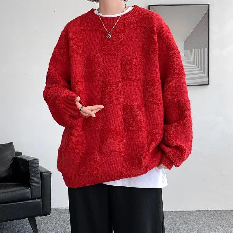 American Style Towel Check Design Fashion Sweater Coat Men's Fall Winter Casual Loose Pullover Unisex Sweater Streetwear