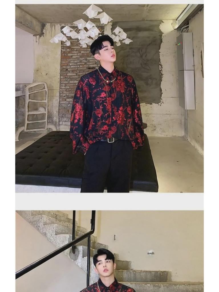 Men's Retro Rose Print Loose Western-Style Shiny Shirt for Trendy Hairdressers