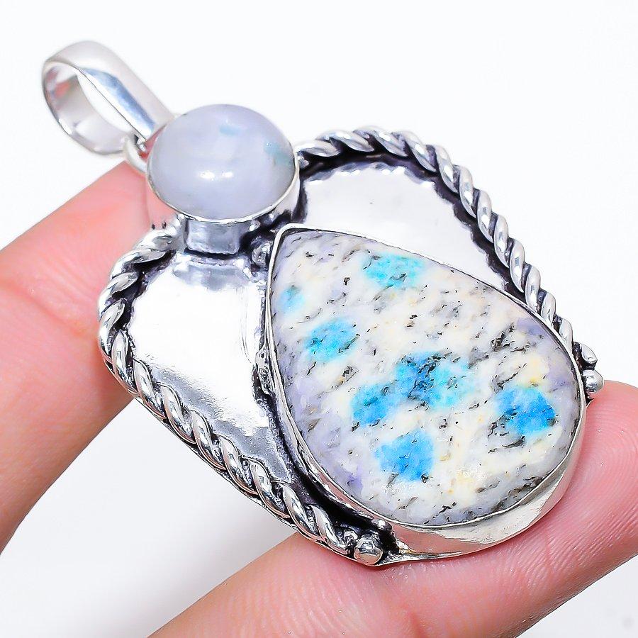 K2 Blue Azurite, Moonstone 925 Sterling Silver Jewelry Pendant 2.44" P7P89