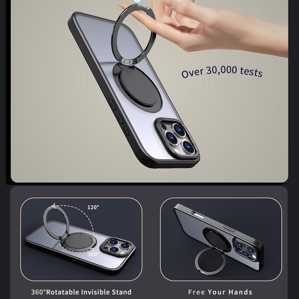 KEYSION Противоударный матовый чехол для MagSafe для iPhone 16 Pro Max с вращающимся на 360 ° магнитным кольцом-подставкой, прозрачная задняя крышка для телефона