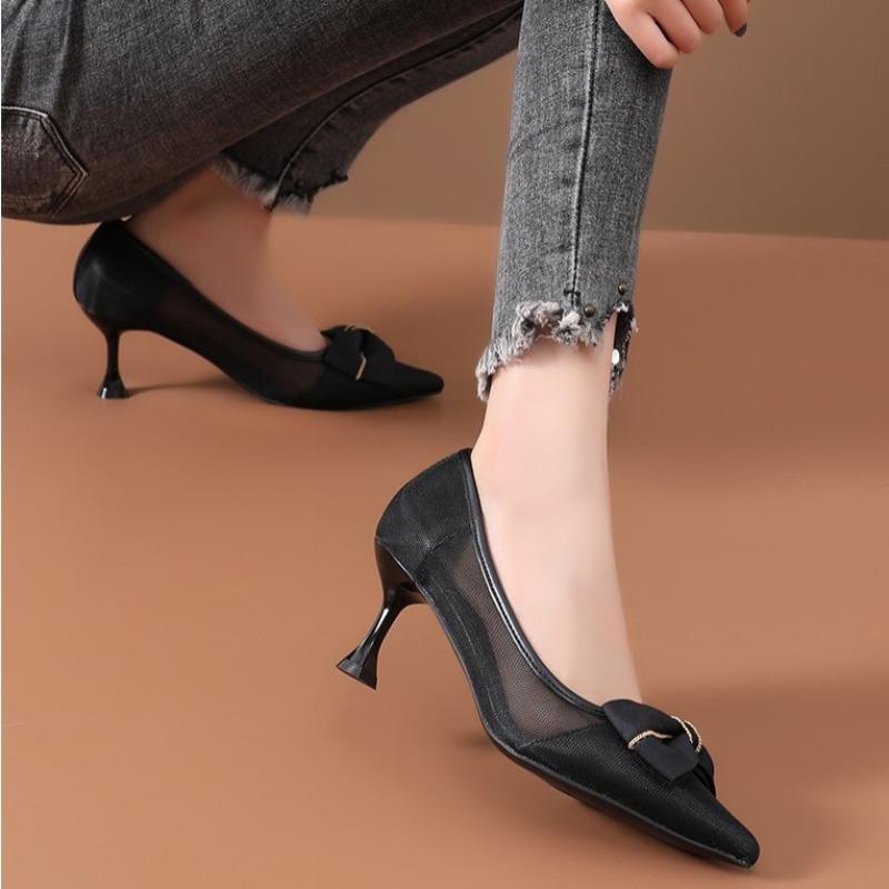 Корейская версия марлевые дышащие бантовые шипы сексуальные тонкие каблуки высокие каблуки 2024новая модная универсальная обувь для женщин летнее время