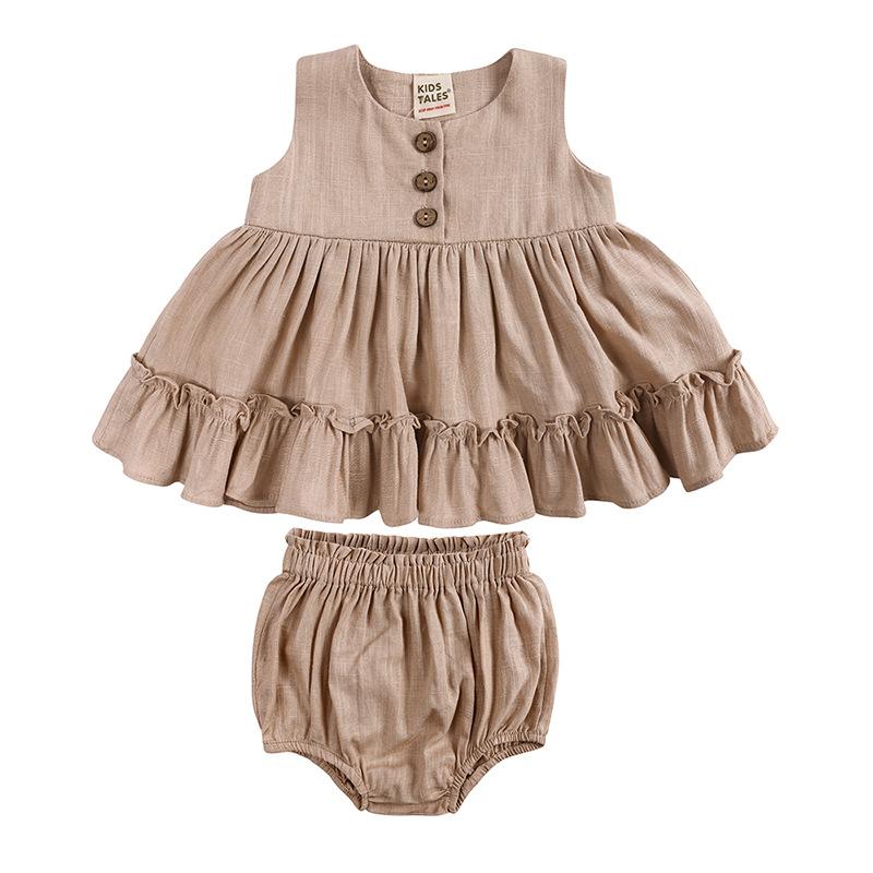 Girls Summer Cotton Linen Sleeveless Dress Set with Ruffled Hem and Pleats