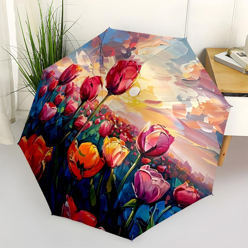 1PC Tulips Sunset Automatic Folding Umbrella, Portable & Foldable Design with 8 Ribs, 32