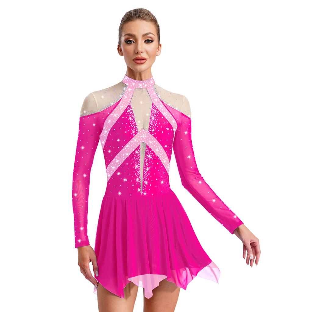 Женское платье для лирического танца, дизайн колор-блок, полупрозрачная сетчатая вставка, блестящие стразы, асимметричная танцевальная одежда
