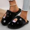 Fashion Cute Cartoon Pattern Plush Slippers Women Winter Warm Indoor Furry House Slippers Woman Rhinestone Decor Soft Cozy Home Slides
