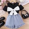 Girls Casual Suit Summer Kids Fashion Off-the-shoulder Bow Short Sleeve Top Denim Lace Shorts Suit